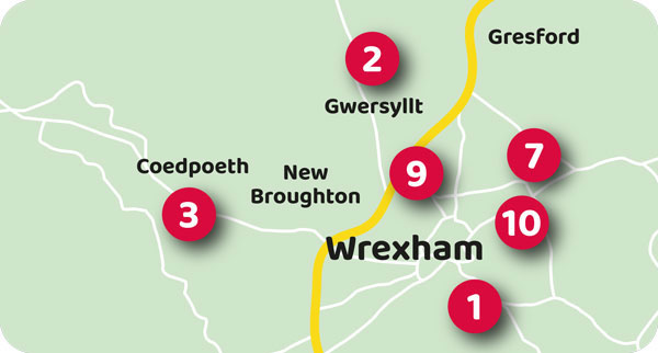 Map o ysgolion cyfrwng Cymraeg yn Wrecsam